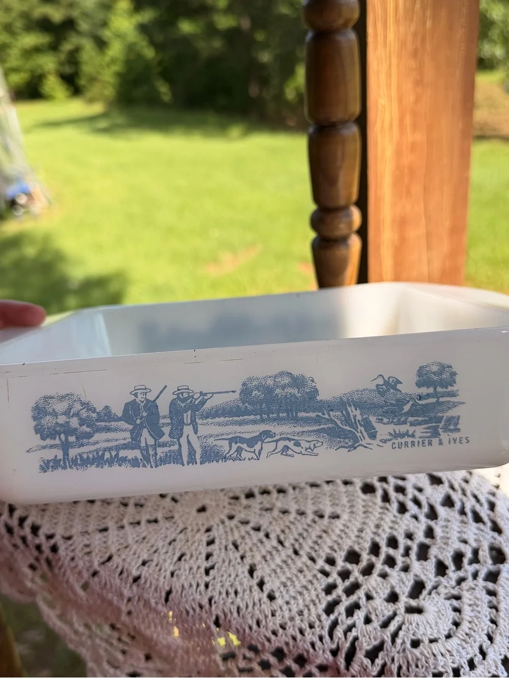 Vintage Glasbake Casserole Dish with Currier and Ives Print
